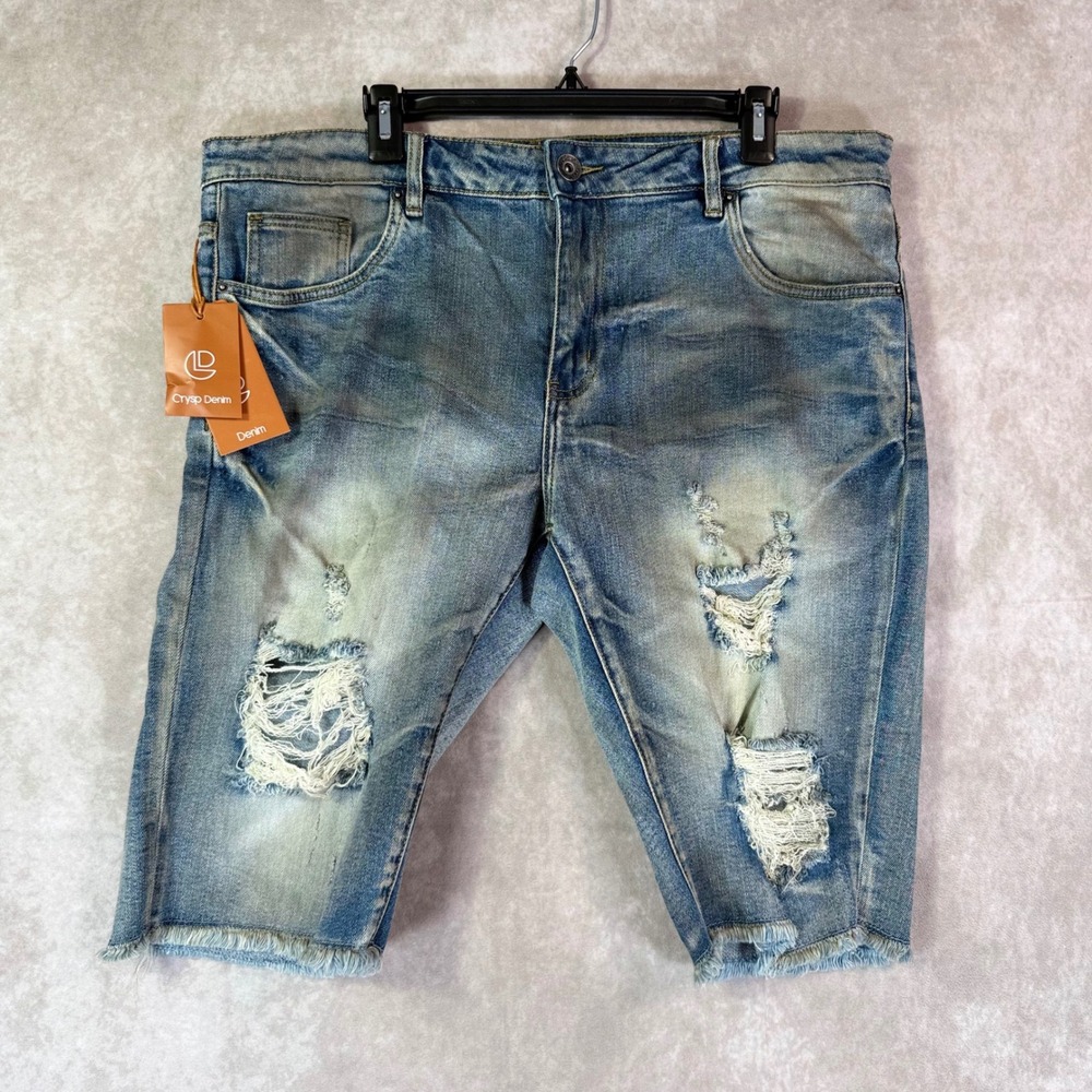 Crysp Denim Shorts Men 38 Blue Distressed Frayed Hem Streetwear Edgy Skater